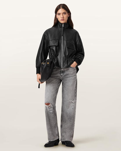 AllSaints Flor Leather Jacket Women's Off White Women's