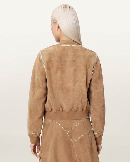 AllSaints Orten Whipstitch Suede Bomber Jacket Women's Sand Brown Women's