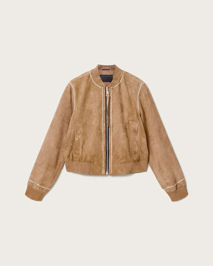 AllSaints Orten Whipstitch Suede Bomber Jacket Women's Sand Brown Women's