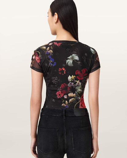 AllSaints Ellie Mesh Floral T Shirt Women's Haze Black Women's