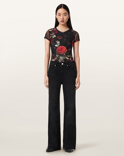 AllSaints Ellie Mesh Floral T Shirt Women's Haze Black Women's
