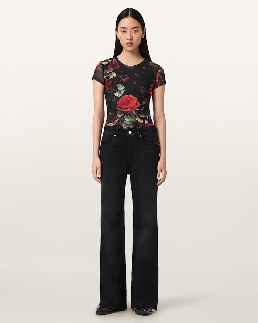 AllSaints Ellie Mesh Floral T Shirt Women's Haze Black Women's