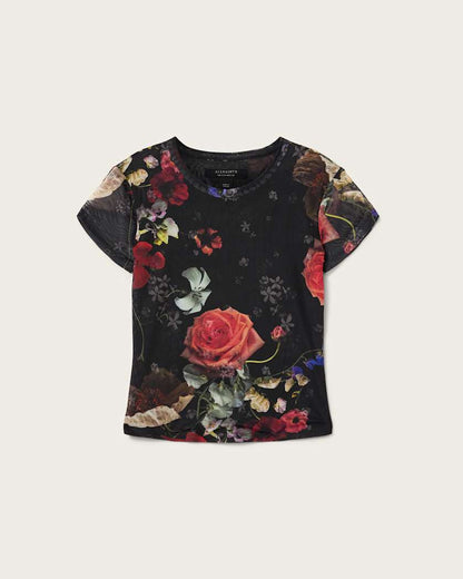 AllSaints Ellie Mesh Floral T Shirt Women's Haze Black Women's