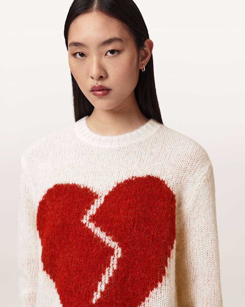 AllSaints Luvheart Crew Neck Sweater Women's Ecru White/Red Women's