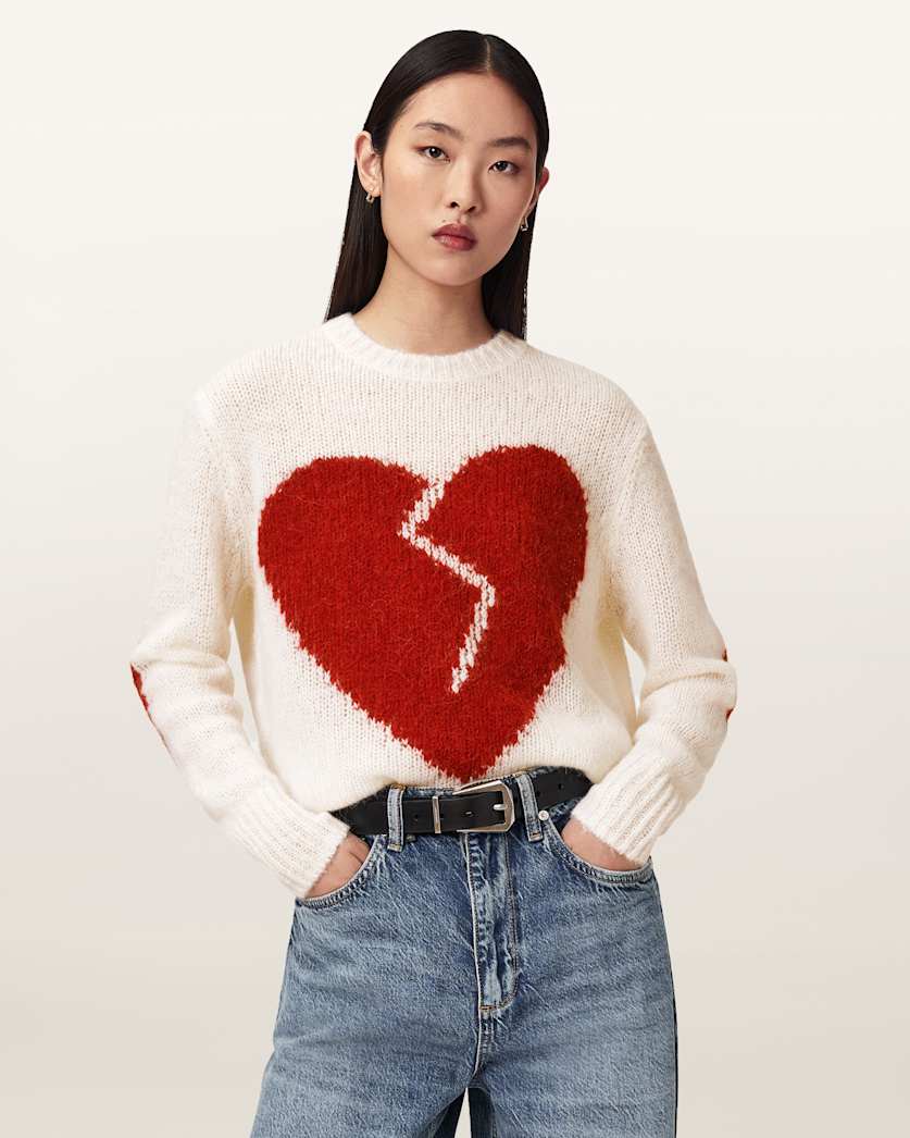 AllSaints Luvheart Crew Neck Sweater Women's Ecru White/Red Women's