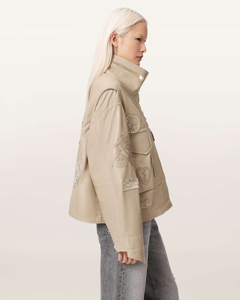 AllSaints Clay Oversized Leather Patch Jacket Women's Taupe Brown Women's