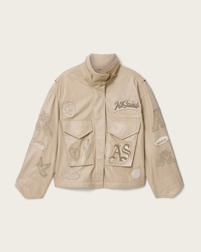 AllSaints Clay Oversized Leather Patch Jacket Women's Taupe Brown Women's