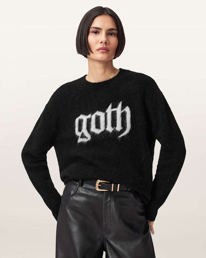 AllSaints Goth Motif Wool Blend Crew Neck Sweater Women's Black Women's