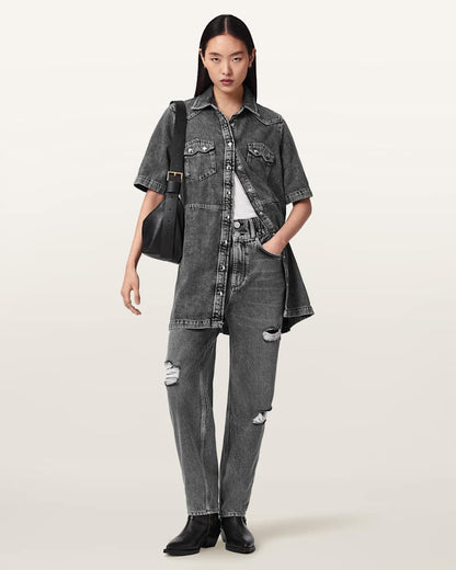 AllSaints Daisy Tapered Leg Distressed Denim Jeans Women's Washed Grey Women's
