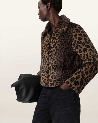 AllSaints Saye Faux Fur Jacket Women's Leopard Brown Women's