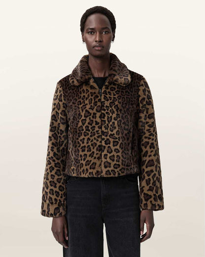 AllSaints Saye Faux Fur Jacket Women's Leopard Brown Women's