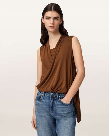 AllSaints Adaline V Neck Wrap Top Women's Cognac Brown Women's
