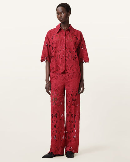 AllSaints Charli Embroidered Straight Fit Pants Women's Burnt Brick Red Women's