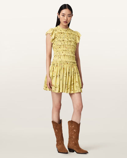 AllSaints Lauren Floral Ruffle Mini Dress Women's Carmel Pale Yellow Women's