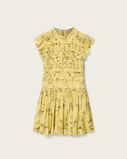 AllSaints Lauren Floral Ruffle Mini Dress Women's Carmel Pale Yellow Women's