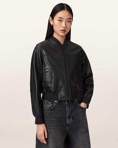 AllSaints Repurpose Leather Bomber Jacket Women's Black Women's