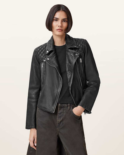 AllSaints Cargo Distressed Leather Biker Jacket Women's Black/Grey Women's