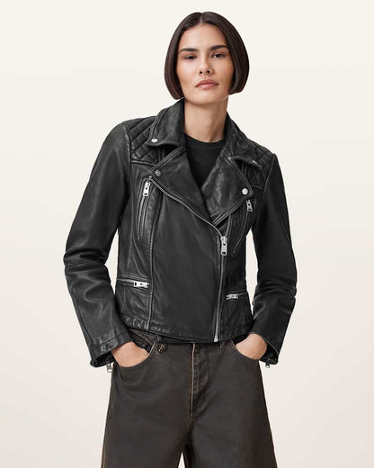 AllSaints Cargo Distressed Leather Biker Jacket Women's Black/Grey Women's