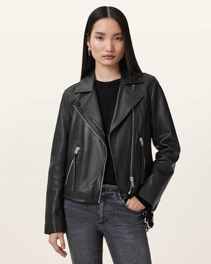 AllSaints Dalby Slim Fit Leather Biker Jacket Women's Black Women's