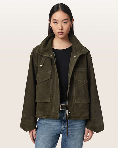 AllSaints Clay Funnel Neck Suede Cropped Jacket Women's Khaki Green Women's