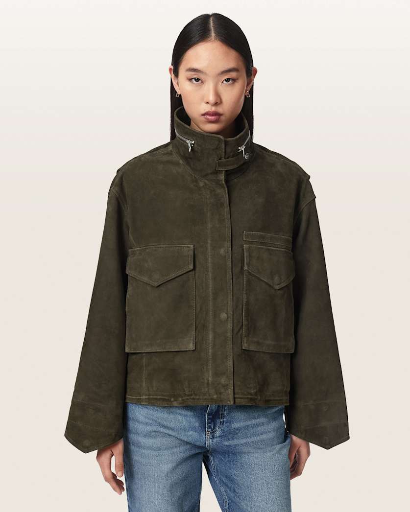 AllSaints Clay Funnel Neck Suede Cropped Jacket Women's Khaki Green Women's