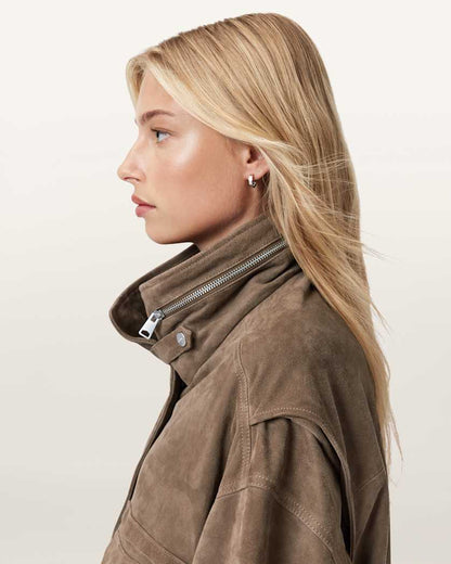 AllSaints Clay Funnel Neck Suede Cropped Jacket Women's Khaki Green Women's