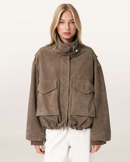 AllSaints Clay Funnel Neck Suede Cropped Jacket Women's Khaki Green Women's