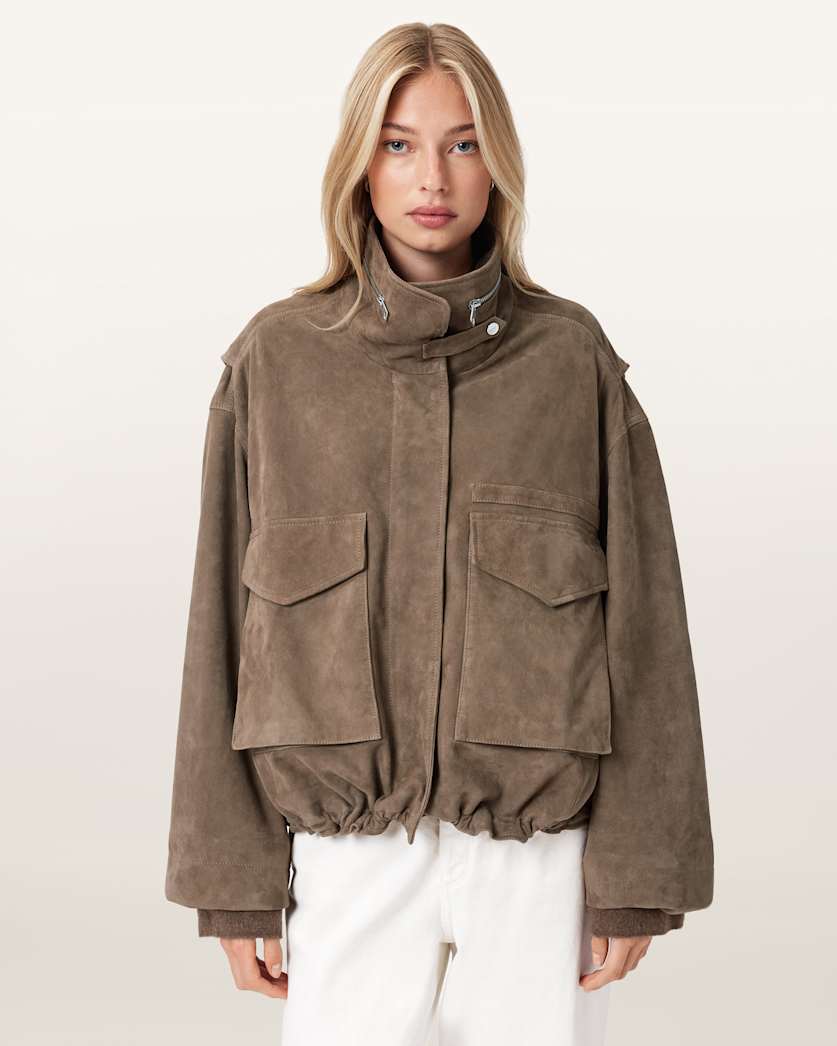 AllSaints Clay Funnel Neck Suede Cropped Jacket Women's Khaki Green Women's