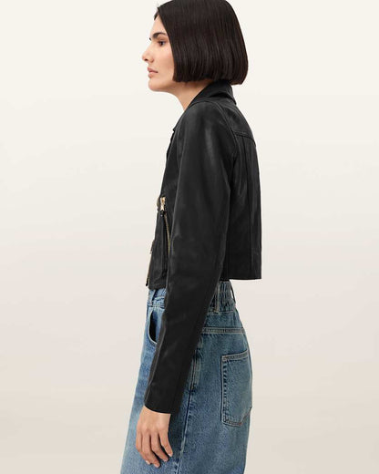 AllSaints Elora Leather Biker Jacket Women's Black/Gold Women's