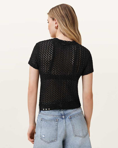 AllSaints Karma Crochet Stevie Slim Fit T Shirt Women's Black Women's