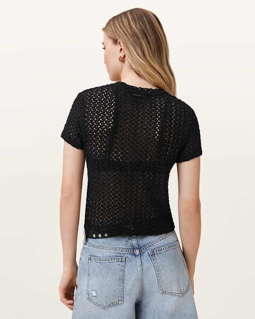 AllSaints Karma Crochet Stevie Slim Fit T Shirt Women's Black Women's