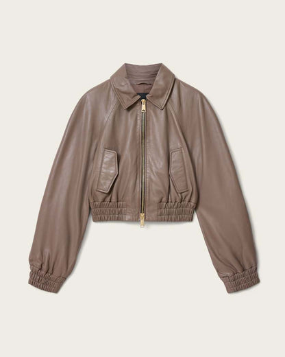 AllSaints Anouk Cropped Leather Bomber Jacket Women's Mole Brown Women's