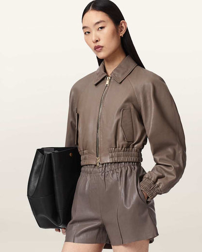 AllSaints Anouk Cropped Leather Bomber Jacket Women's Mole Brown Women's