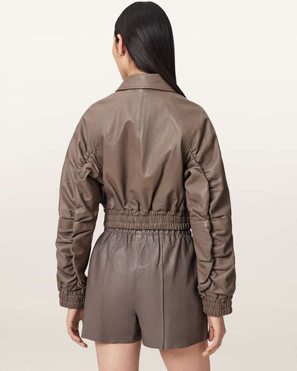 AllSaints Anouk Cropped Leather Bomber Jacket Women's Mole Brown Women's