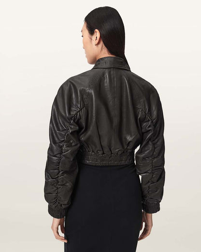 AllSaints Anouk Cropped Leather Bomber Jacket Women's Mole Brown Women's