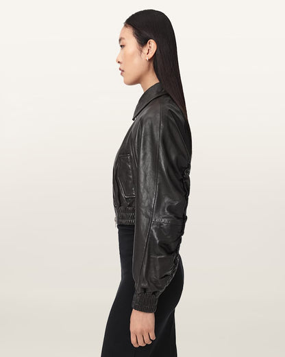 AllSaints Anouk Cropped Leather Bomber Jacket Women's Mole Brown Women's