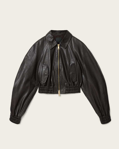 AllSaints Anouk Cropped Leather Bomber Jacket Women's Mole Brown Women's