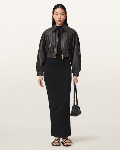 AllSaints Anouk Cropped Leather Bomber Jacket Women's Mole Brown Women's