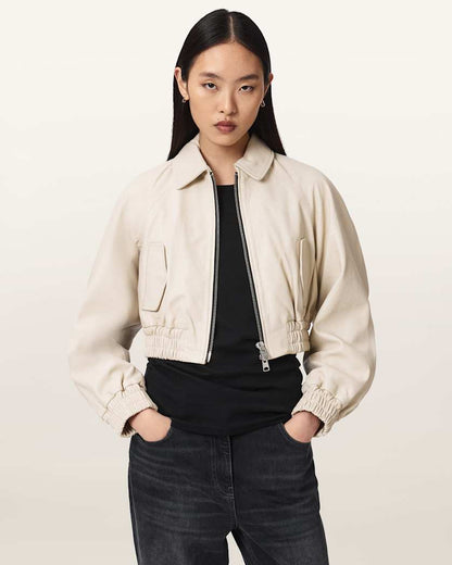 AllSaints Anouk Cropped Leather Bomber Jacket Women's Mole Brown Women's