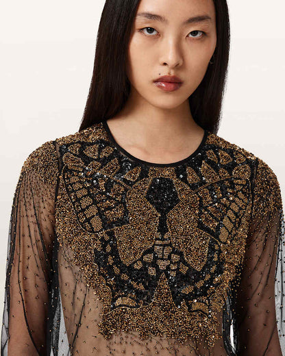 AllSaints Greta Butterfly Embellished Top Women's Black/Gold Women's