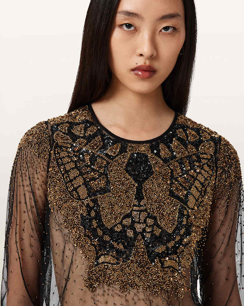 AllSaints Greta Butterfly Embellished Top Women's Black/Gold Women's