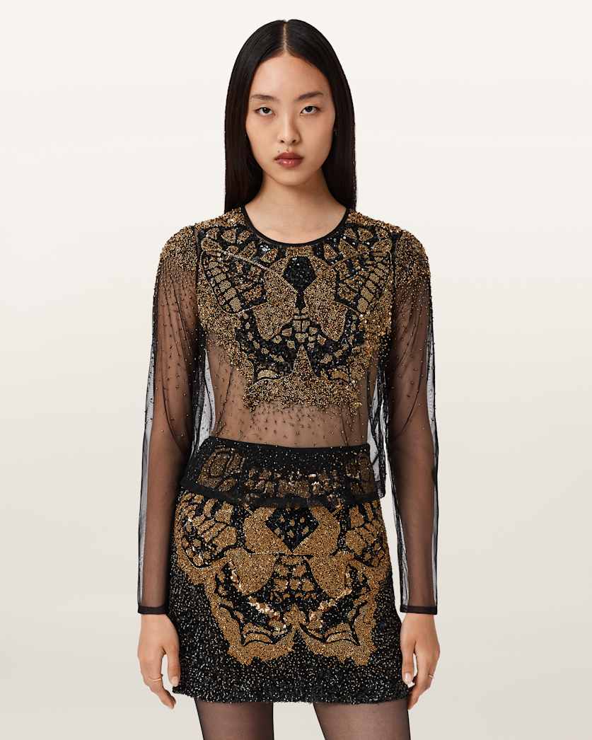 AllSaints Greta Butterfly Embellished Top Women's Black/Gold Women's