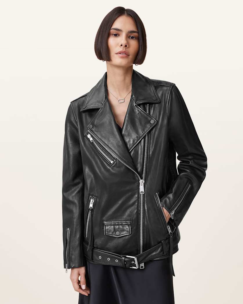 AllSaints Billie Relaxed Fit Leather Biker Jacket Women's Black Women's