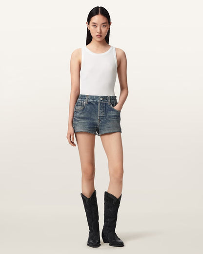 AllSaints Asher Terry High Waisted Denim Illusion Shorts Women's Illusion Tint Blue Women's