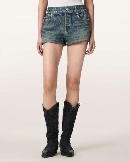 AllSaints Asher Terry High Waisted Denim Illusion Shorts Women's Illusion Tint Blue Women's