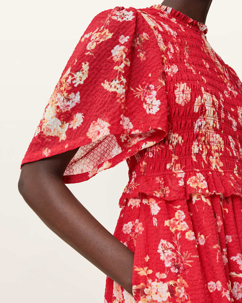 AllSaints Mya Floral Print Shirred Midi Dress Women's Armada Red Women's