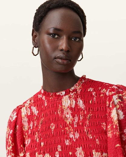 AllSaints Mya Floral Print Shirred Midi Dress Women's Armada Red Women's
