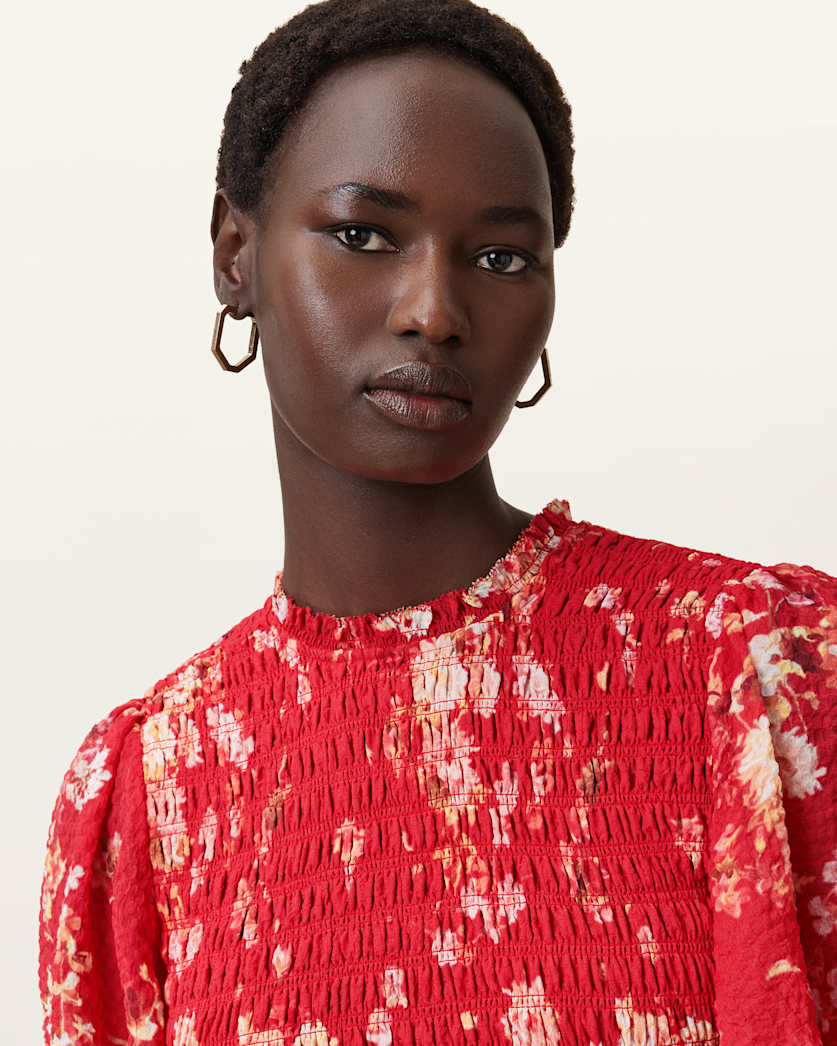 AllSaints Mya Floral Print Shirred Midi Dress Women's Armada Red Women's