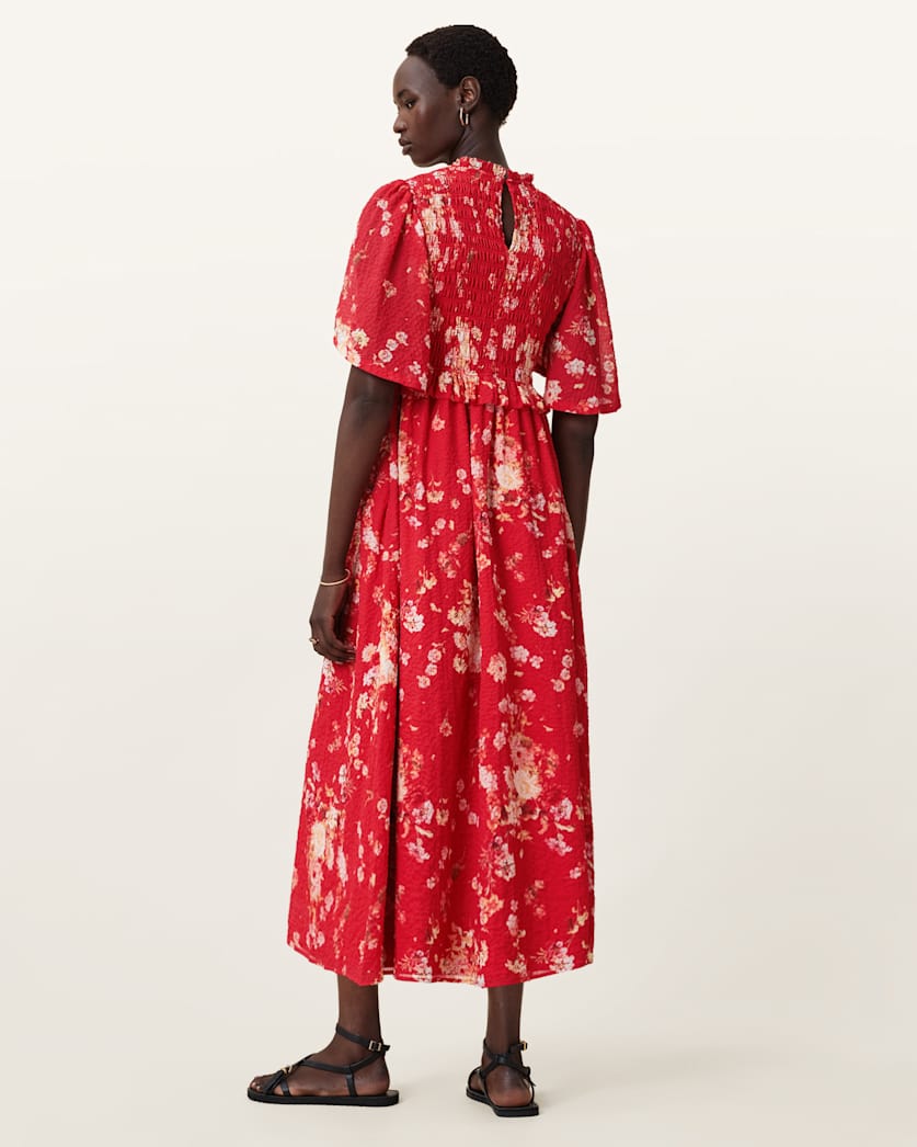 AllSaints Mya Floral Print Shirred Midi Dress Women's Armada Red Women's