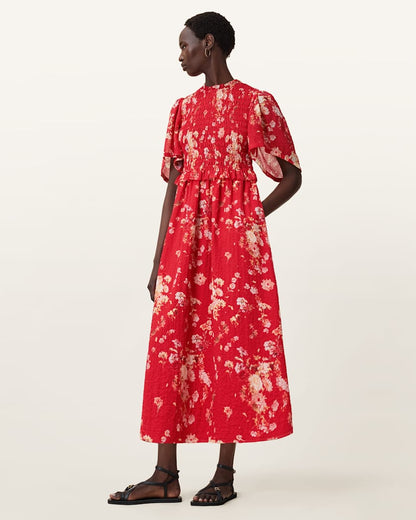 AllSaints Mya Floral Print Shirred Midi Dress Women's Armada Red Women's
